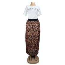 Load image into Gallery viewer, Leopard Print Long Maxi Pleated Skirt and Letter Print Tshirt Set
