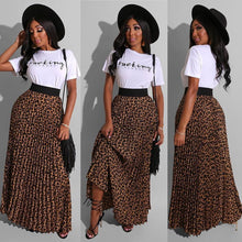 Load image into Gallery viewer, Leopard Print Long Maxi Pleated Skirt and Letter Print Tshirt Set
