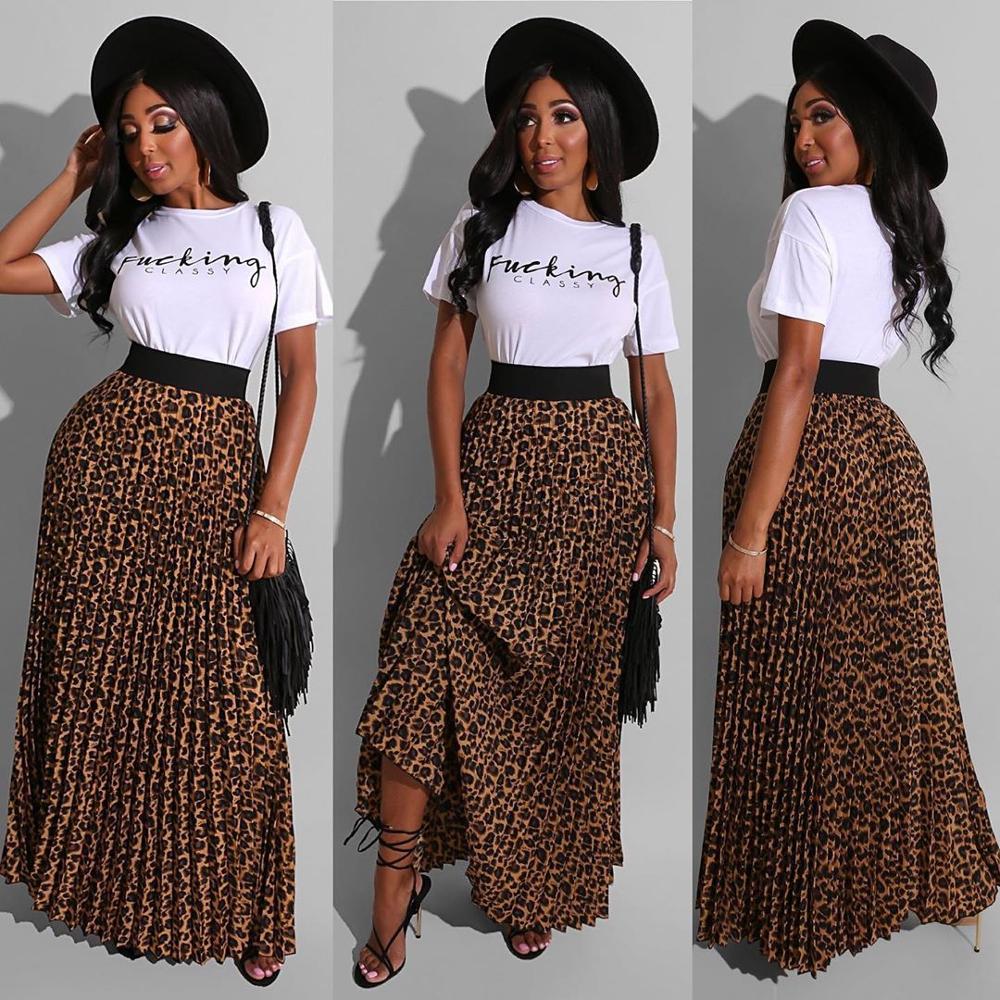 Leopard Print Long Maxi Pleated Skirt and Letter Print Tshirt Set