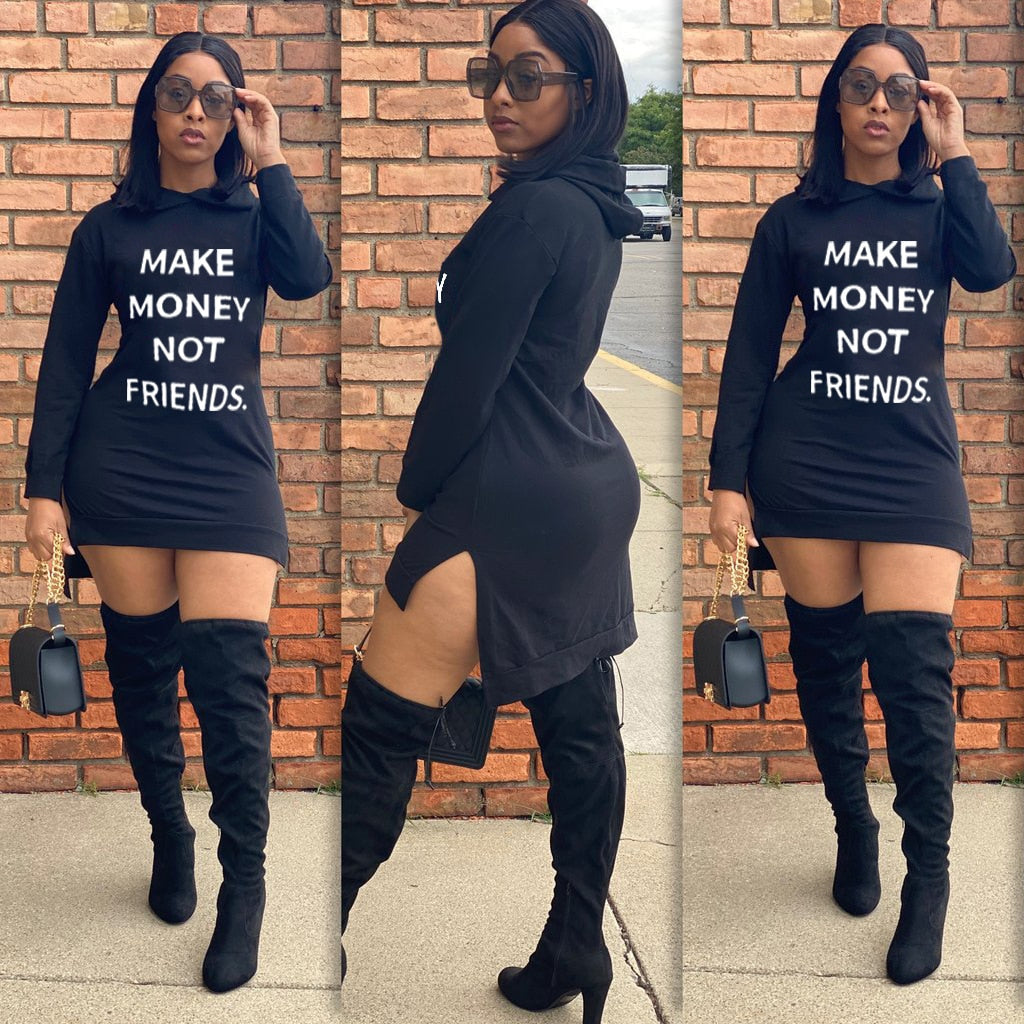 Long sleeve Hoodie Mini Dress (Make Money Not Friends)