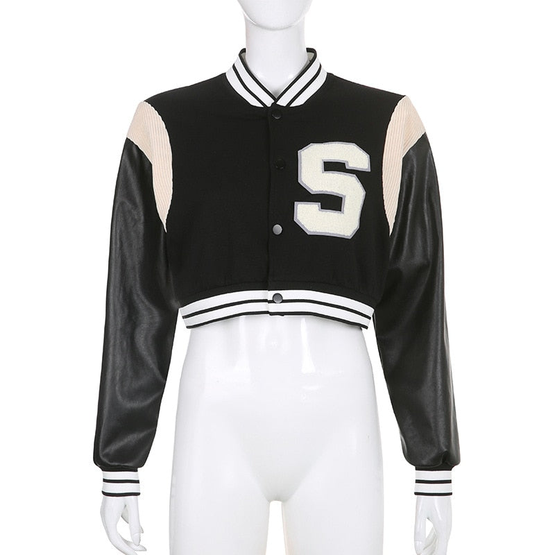 PU Leather Color Patchwork Baseball Jacket Women Tracksuit