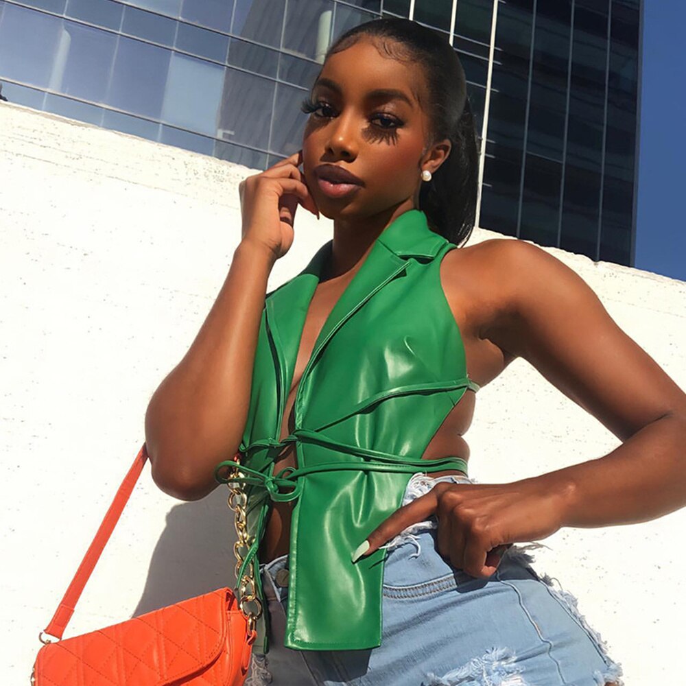 Green PU Leather Blazer Vest