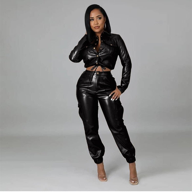 PU Leather Short Jacket Pants Set Two Piece