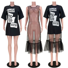 Load image into Gallery viewer, 2 Piece Set Ruffle Sheer Mesh Dress Letter print Tshirt
